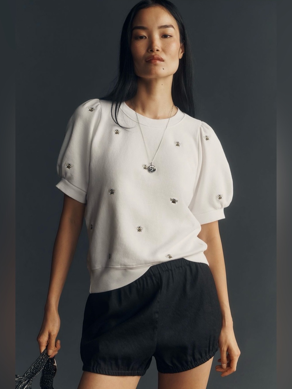 Anthropologie Maeve Puff-Sleeve Sweat T-Shirt - Embroidered Bees